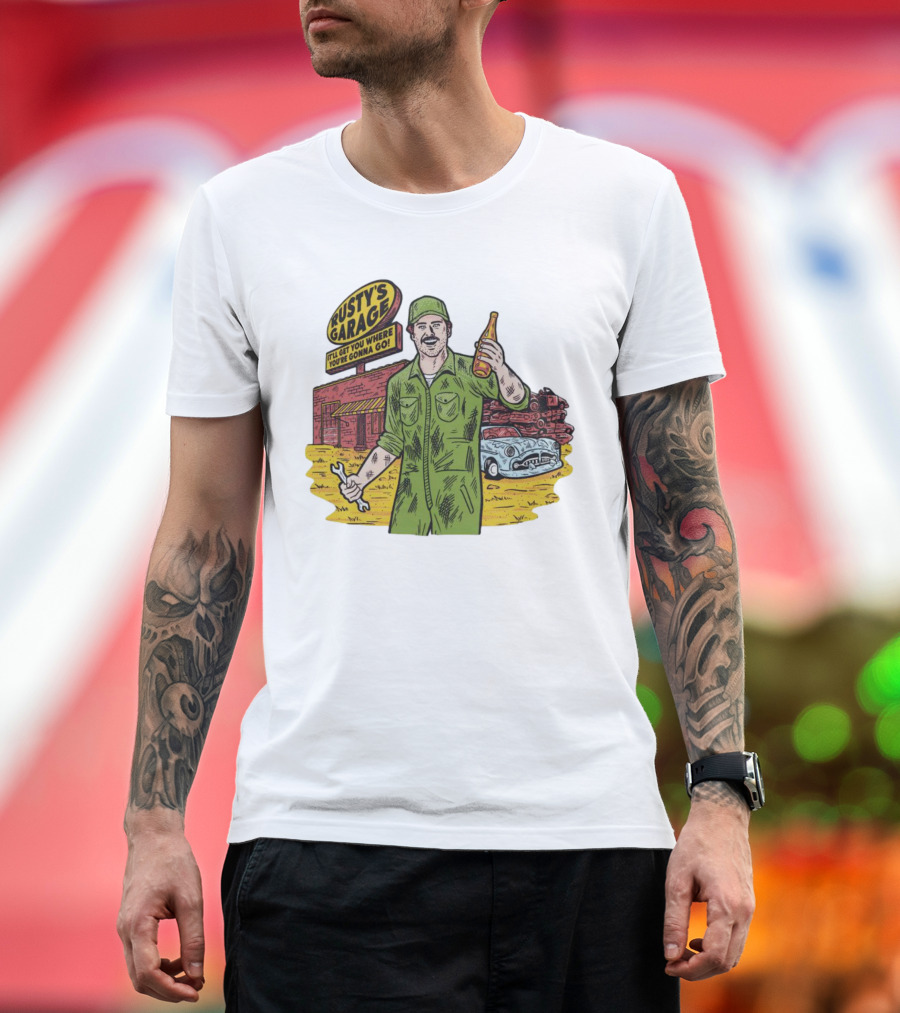Rusty’s Garage It’ll Get You Where You’re Gonna Go Retro Mechanic Holding Wrench and Drink with Vintage Car and Workshop Scene T-Shirt