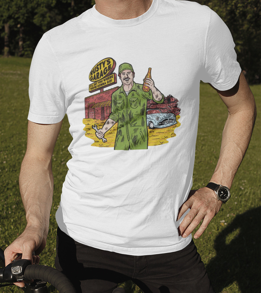 Rusty’s Garage It’ll Get You Where You’re Gonna Go Retro Mechanic Holding Wrench And Drink With Vintage Car And Workshop Scene T-Shirt