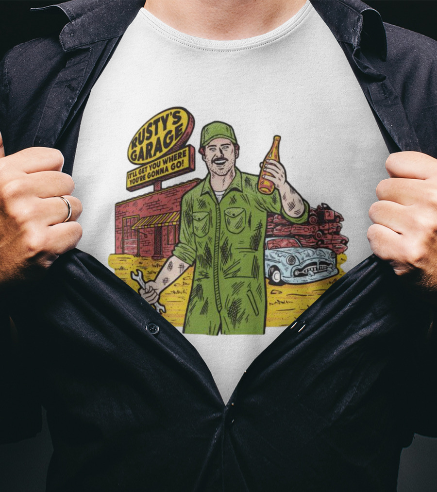 Rusty’s Garage It’ll Get You Where You’re Gonna Go Retro Mechanic Holding Wrench And Drink With Vintage Car And Workshop Scene T-Shirt