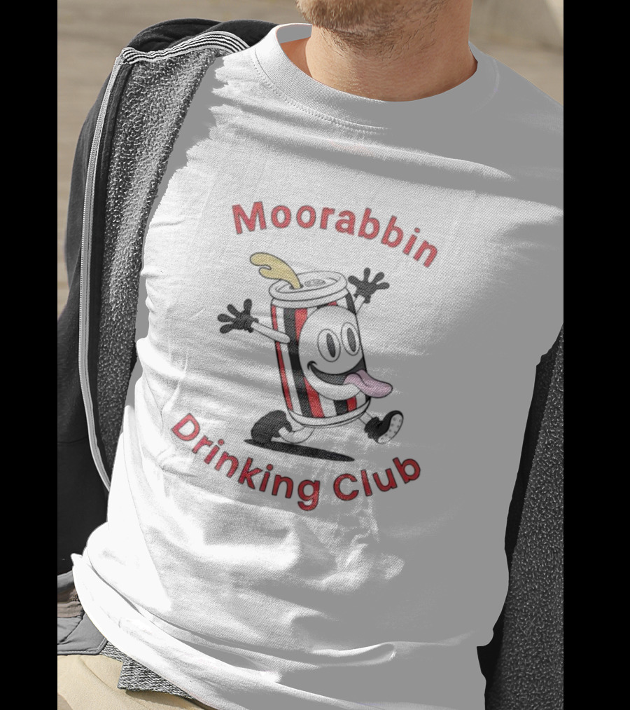 Moorabbin Drinking Club Cartoon Can With Tongue Out And Arms Raised T-Shirt