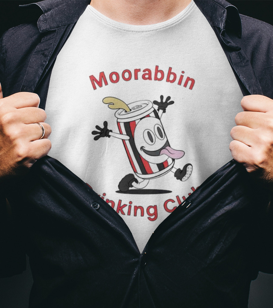 Moorabbin Drinking Club Cartoon Can With Tongue Out And Arms Raised T-Shirt