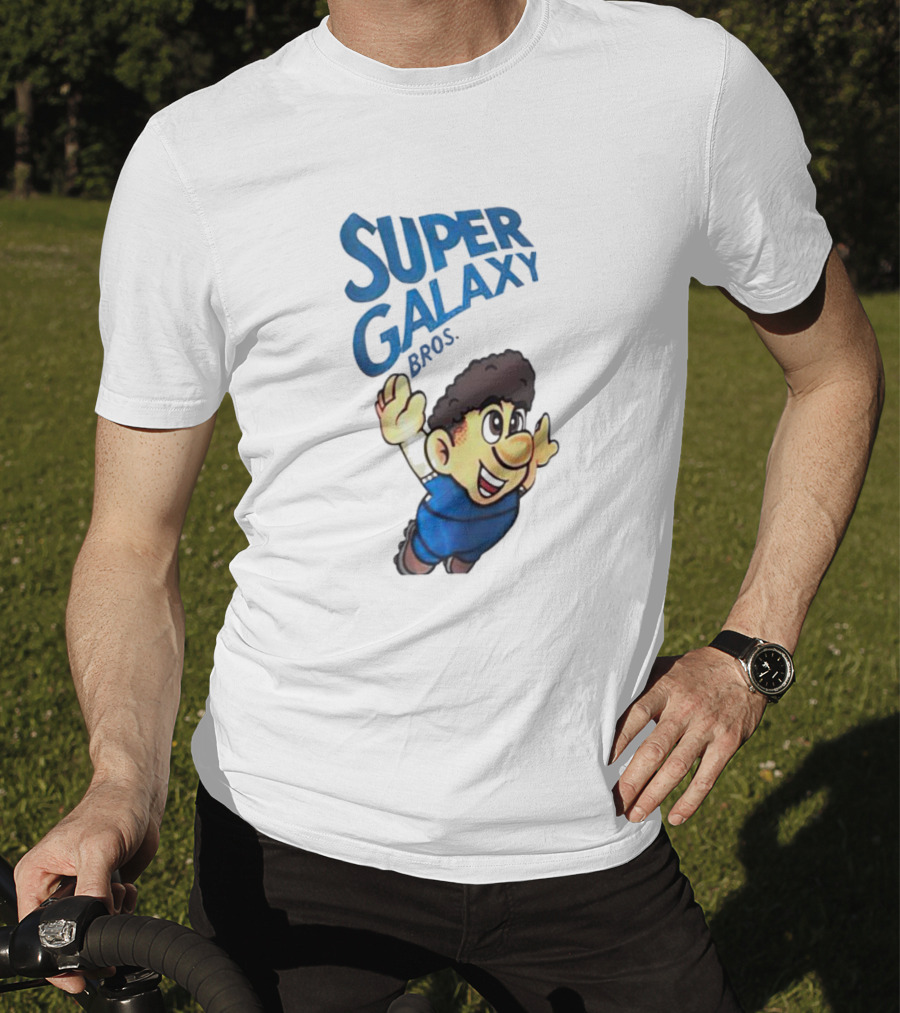 Super Galaxy Bros Flying Character In Blue T-Shirt