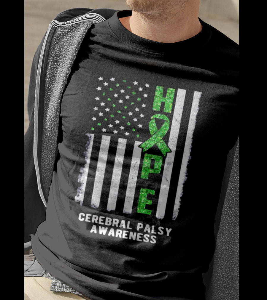 Hope American Flag Green Ribbon Cerebral Palsy Awareness T-Shirt