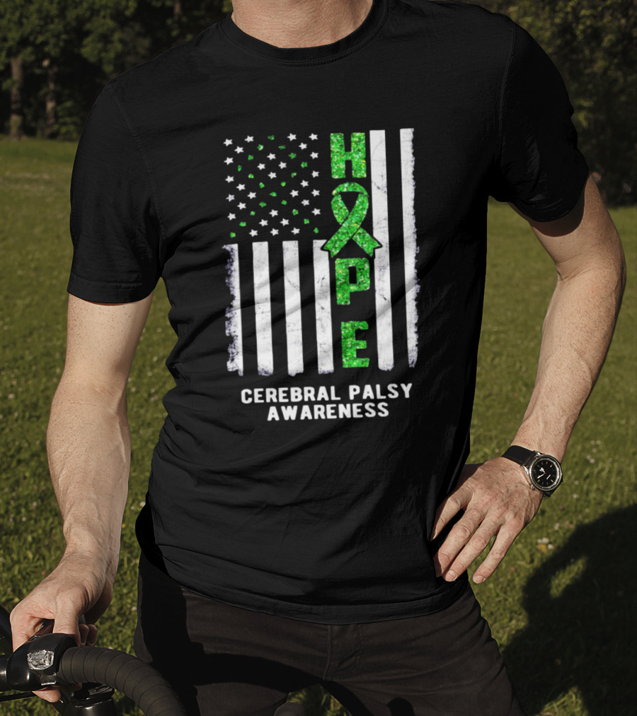 Hope American Flag Green Ribbon Cerebral Palsy Awareness T-Shirt