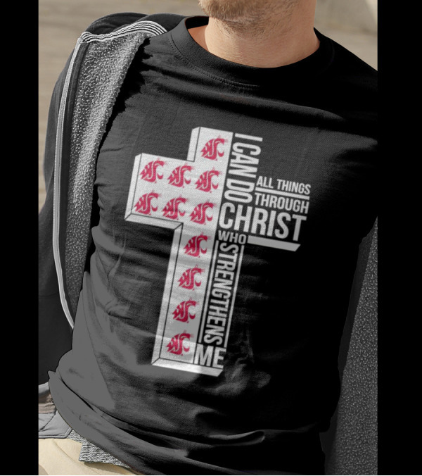 Washington State Cougars Logo I Can Do All Things Through Christ Cross T-Shirt