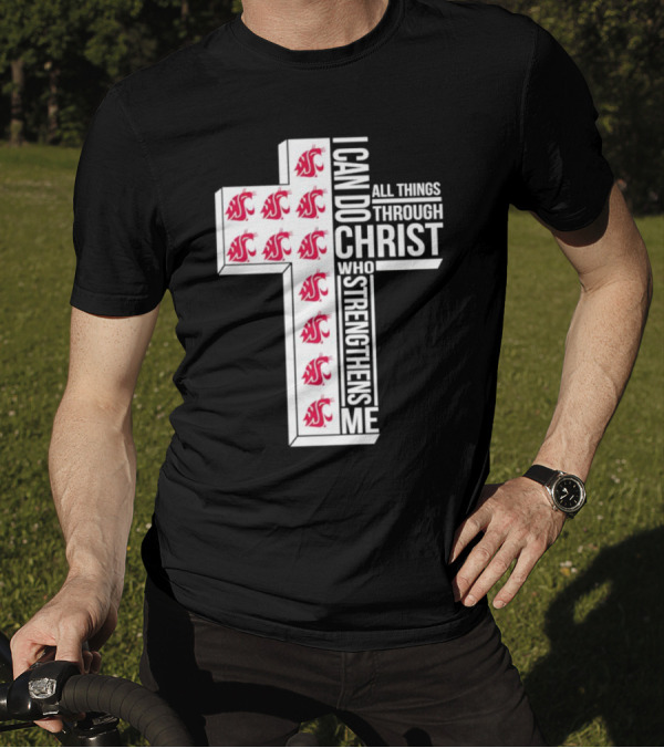Washington State Cougars Logo I Can Do All Things Through Christ Cross T-Shirt