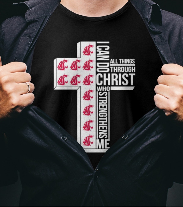Washington State Cougars Logo I Can Do All Things Through Christ Cross T-Shirt