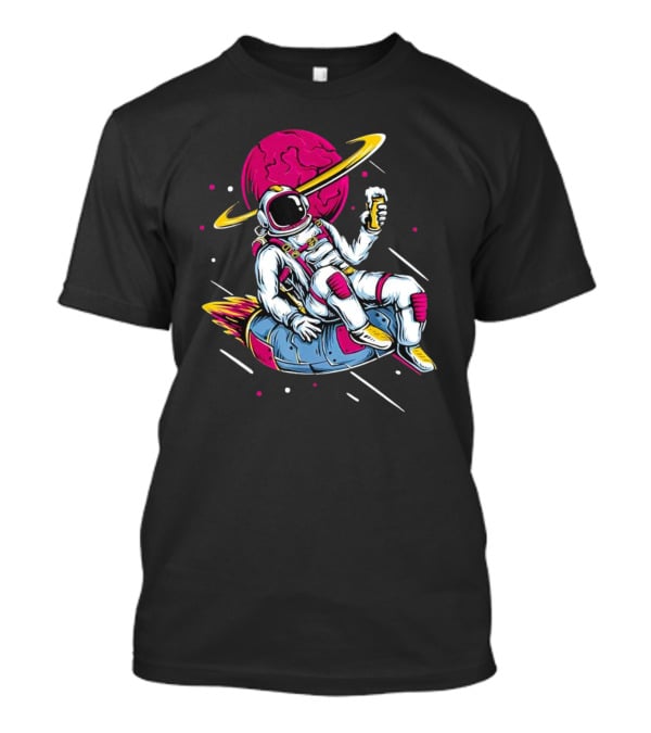 Astronaut Drinking Beer In Space Suit With Planet Background T-Shirt