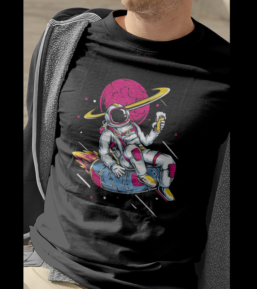 Astronaut Drinking Beer In Space Suit With Planet Background T-Shirt