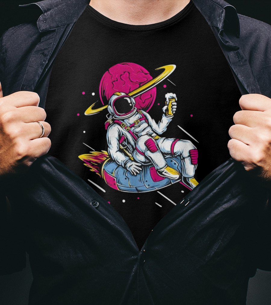 Astronaut Drinking Beer In Space Suit With Planet Background T-Shirt