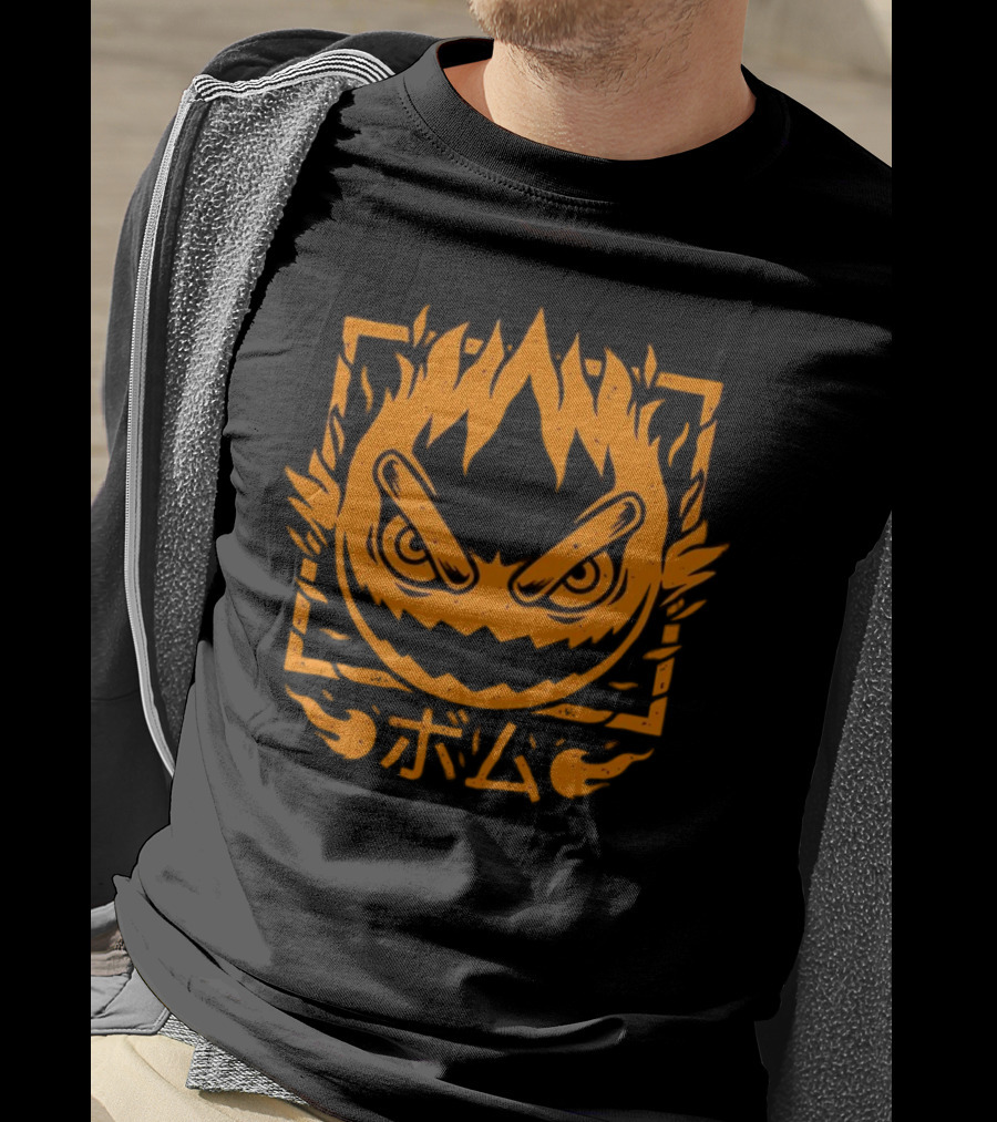 Firebomb Game Flaming Face And Japanese Text T-Shirt