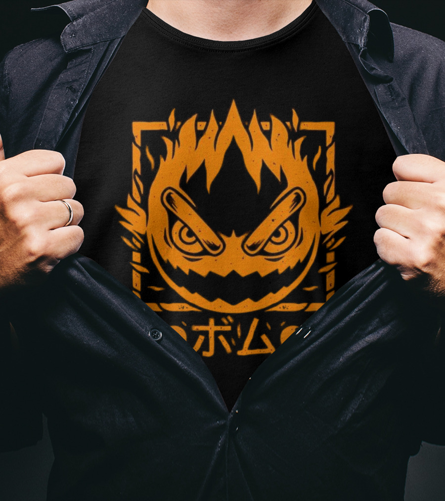 Firebomb Game Flaming Face And Japanese Text T-Shirt