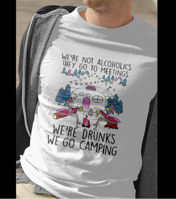 We're Not Alcoholics They Go To Meetings We're Drunks We Go Camping Flamingo Campfire Scene T-Shirt