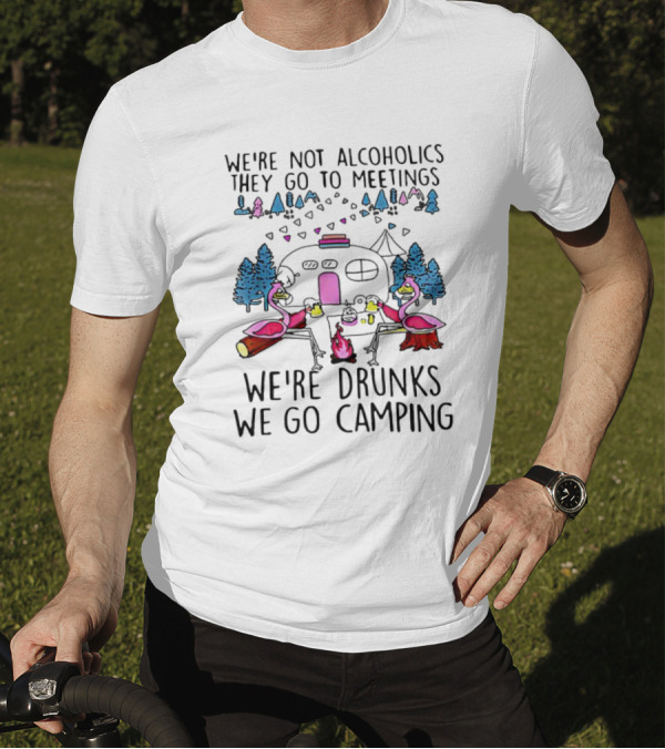 We're Not Alcoholics They Go To Meetings We're Drunks We Go Camping Flamingo Campfire Scene T-Shirt