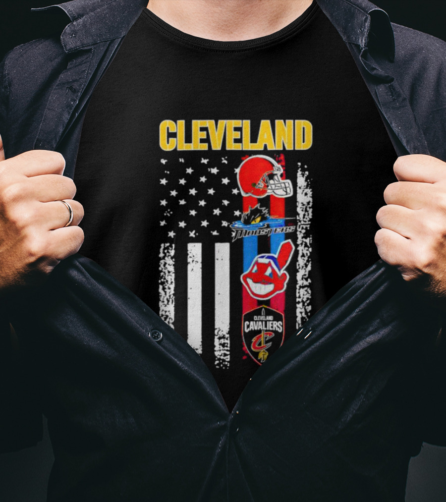 Cleveland Browns Monsters Guardians Cavaliers American Flag Sports T-Shirt