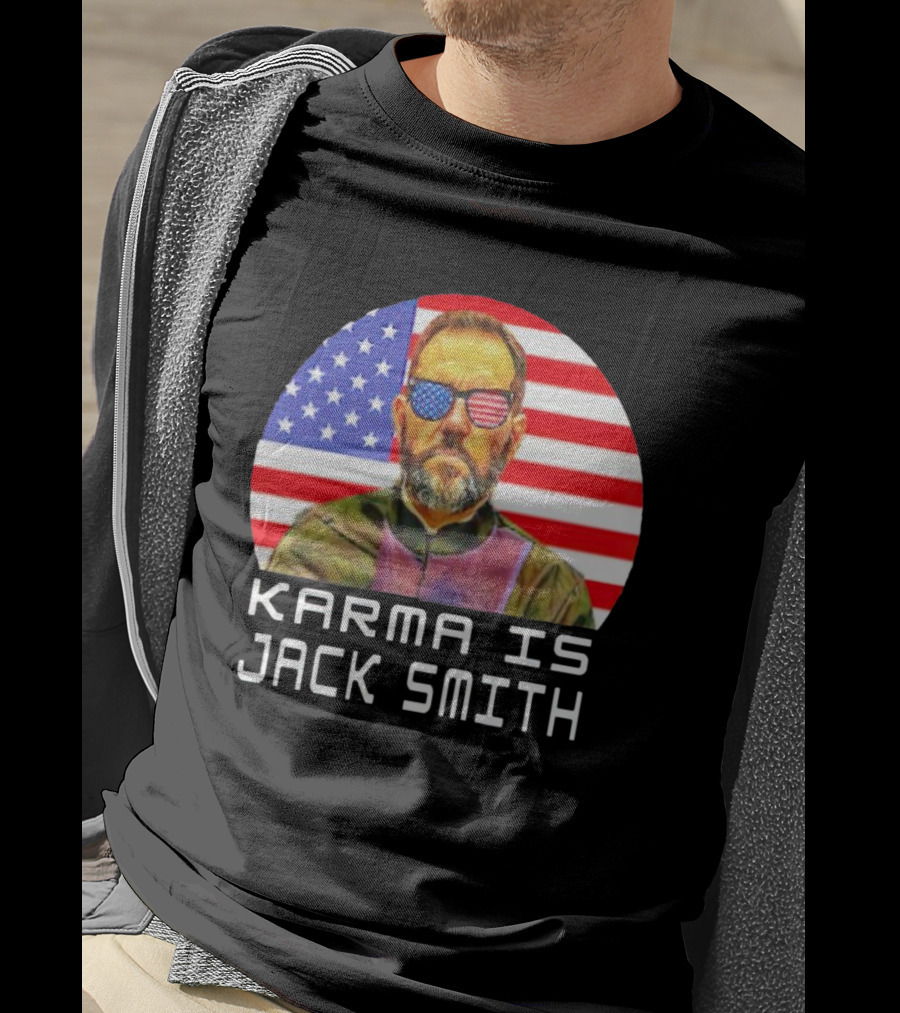 Karma Is Jack Smith With American Flag Background And Patriotic Sunglasses T-Shirt
