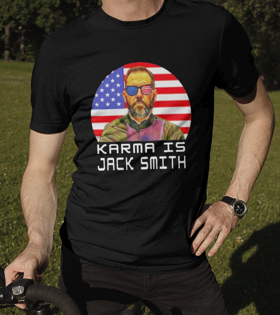 Karma Is Jack Smith With American Flag Background And Patriotic Sunglasses T-Shirt