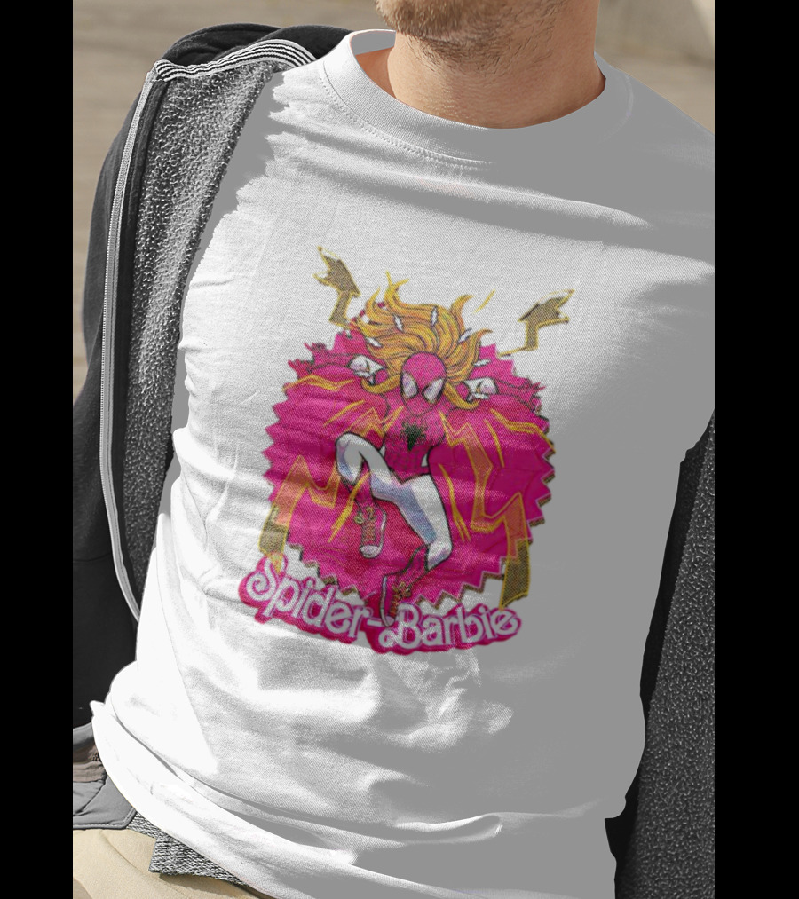 Spider-Barbie Across The Barbie-Verse With Pink Spider Suit And Dynamic Web Background T-Shirt
