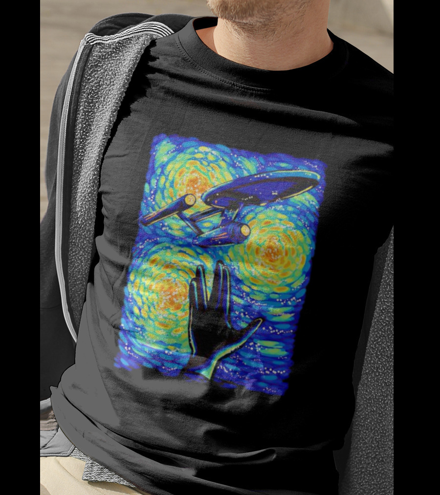 Star Trek Enterprise In Starry Night With Vulcan Salute Starry Trek T-Shirt