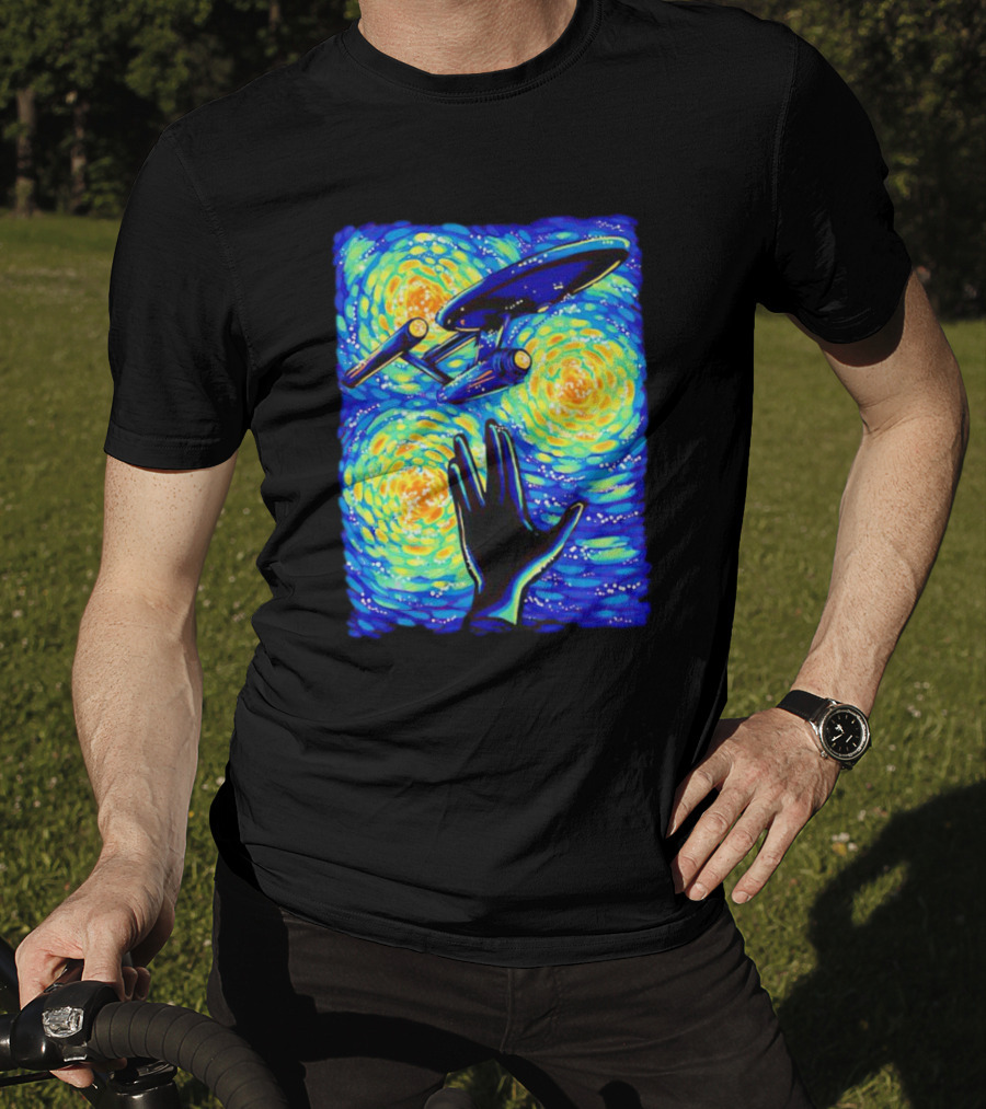 Star Trek Enterprise In Starry Night With Vulcan Salute Starry Trek T-Shirt