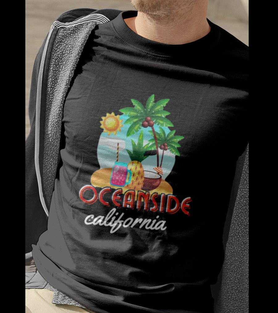 Oceanside California Tropical Beach Scene With Palm Trees, Sun, Pineapple, Coconut Drink, And Refreshing Beverage T-Shirt