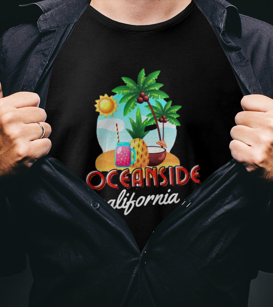 Oceanside California Tropical Beach Scene With Palm Trees, Sun, Pineapple, Coconut Drink, And Refreshing Beverage T-Shirt