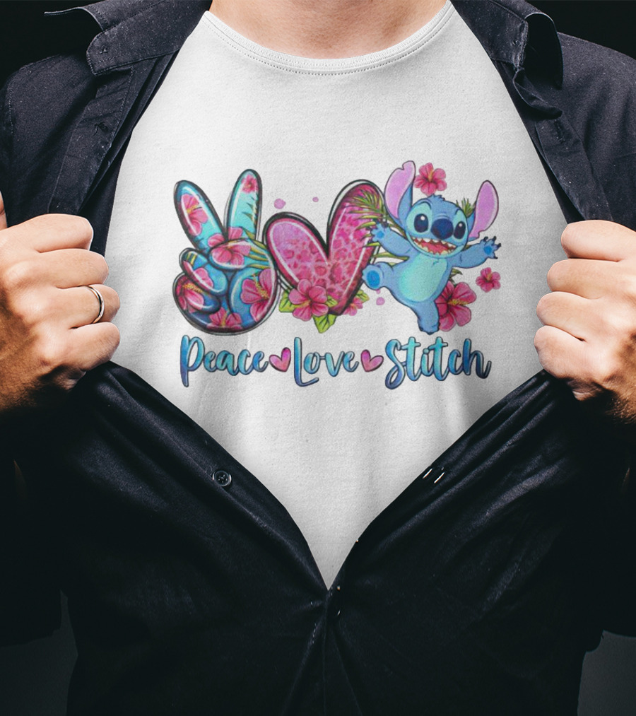 Peace Love Stitch Flower Hibiscus Iconic Character T-Shirt