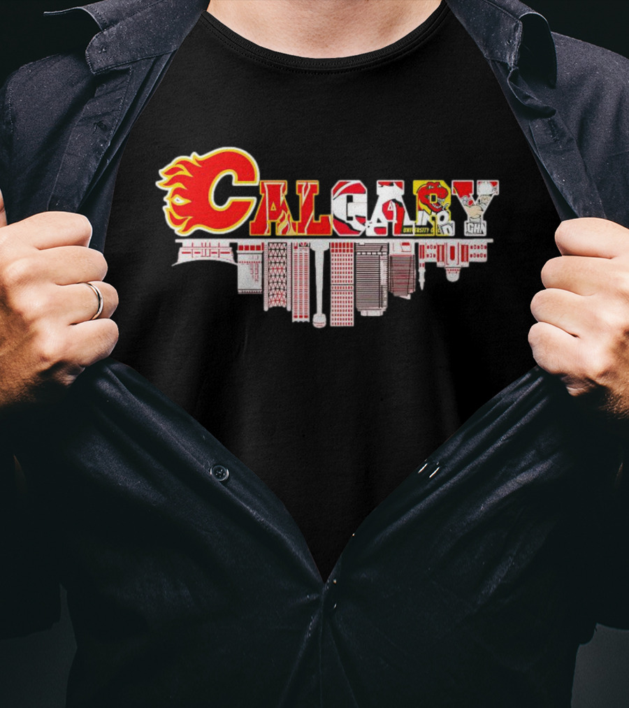 Calgary Flames Inspired Cityscape With Upside Down Skyline And Team Elements T-Shirt