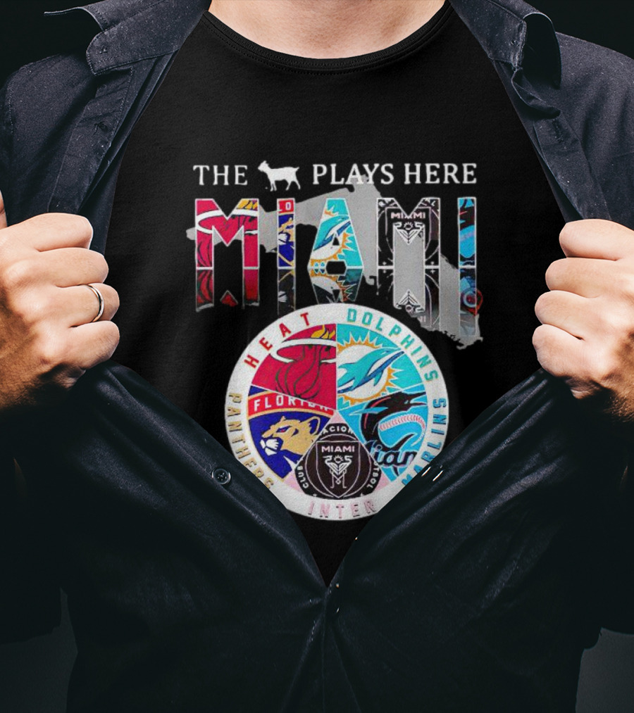 Miami Sports Team Logos Panther Heat Dolphins Marlins Inter The Goat Plays Here T-Shirt