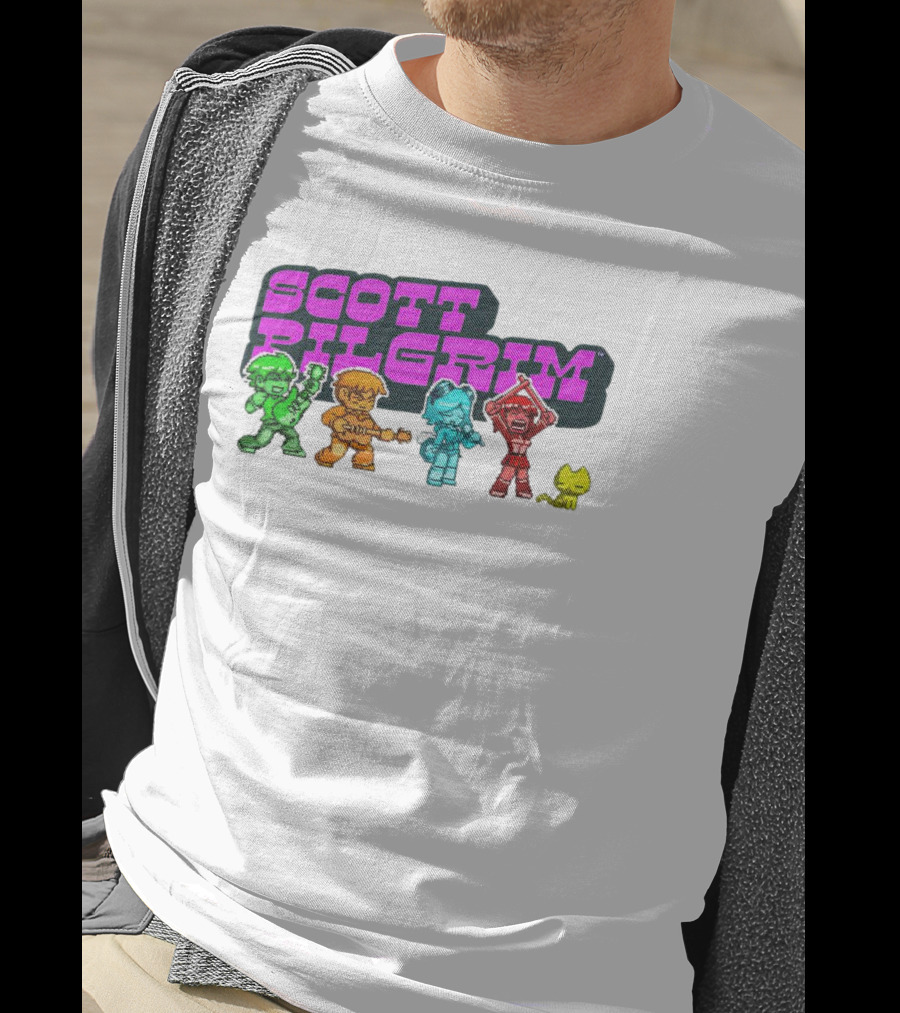 Scott Pilgrim Pixel Characters With Neon Title And Cat T-Shirt
