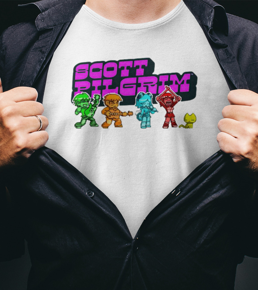 Scott Pilgrim Pixel Characters With Neon Title And Cat T-Shirt
