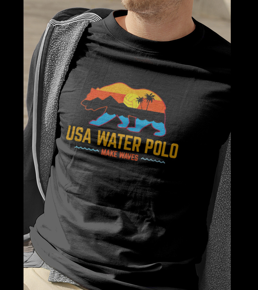 USA Water Polo Bear Make Waves Sunset Palm Trees Volleyball T-Shirt