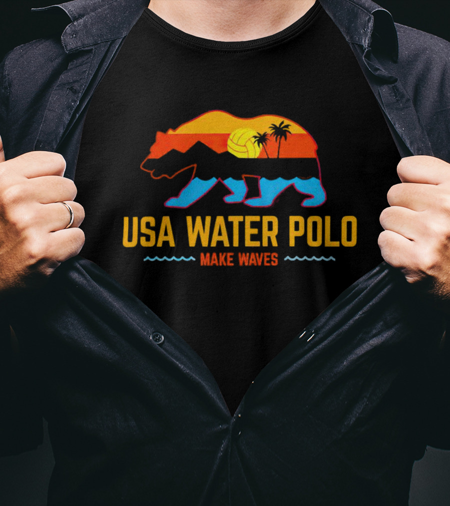 USA Water Polo Bear Make Waves Sunset Palm Trees Volleyball T-Shirt
