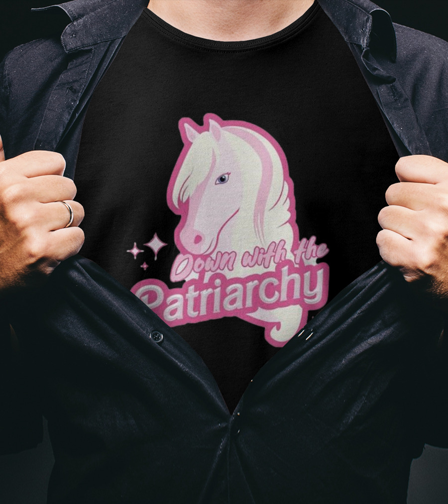 Down With The Patriarchy Pink Horse Illustration With Sparkles T-Shirt