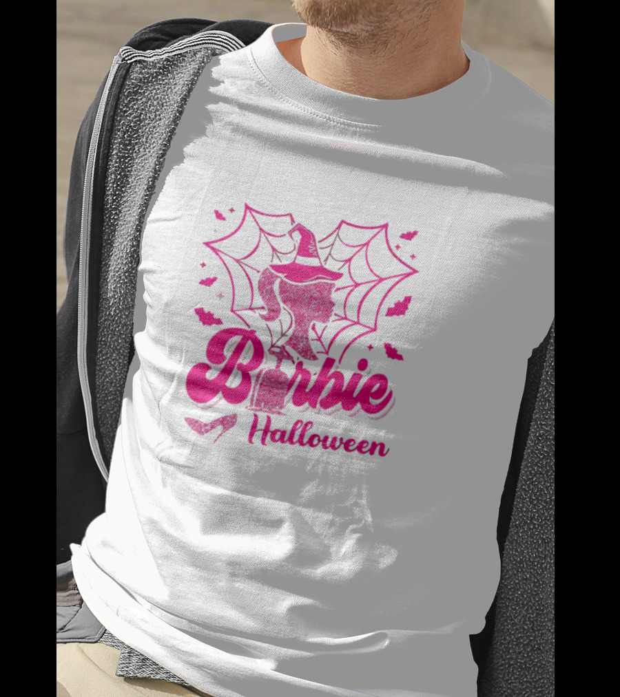 Barbie Halloween Witch Hat Cobweb Silhouette Pink Text Bat Heels T-Shirt