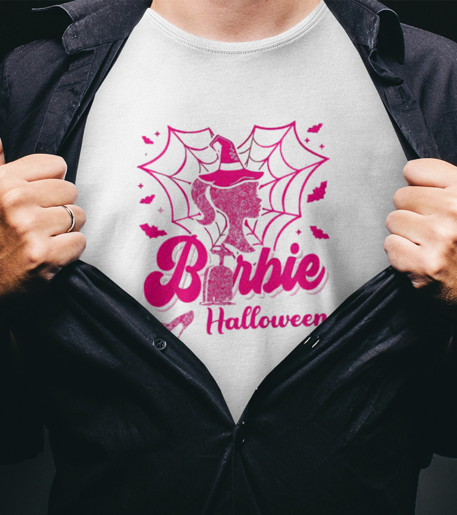 Barbie Halloween Witch Hat Cobweb Silhouette Pink Text Bat Heels T-Shirt