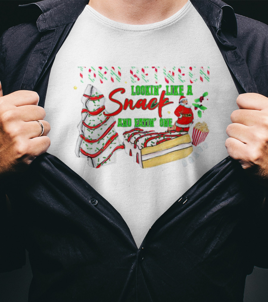Torn Between Looking Like A Snack And Eatin' One Christmas Santa Tree Cake Popcorn T-Shirt