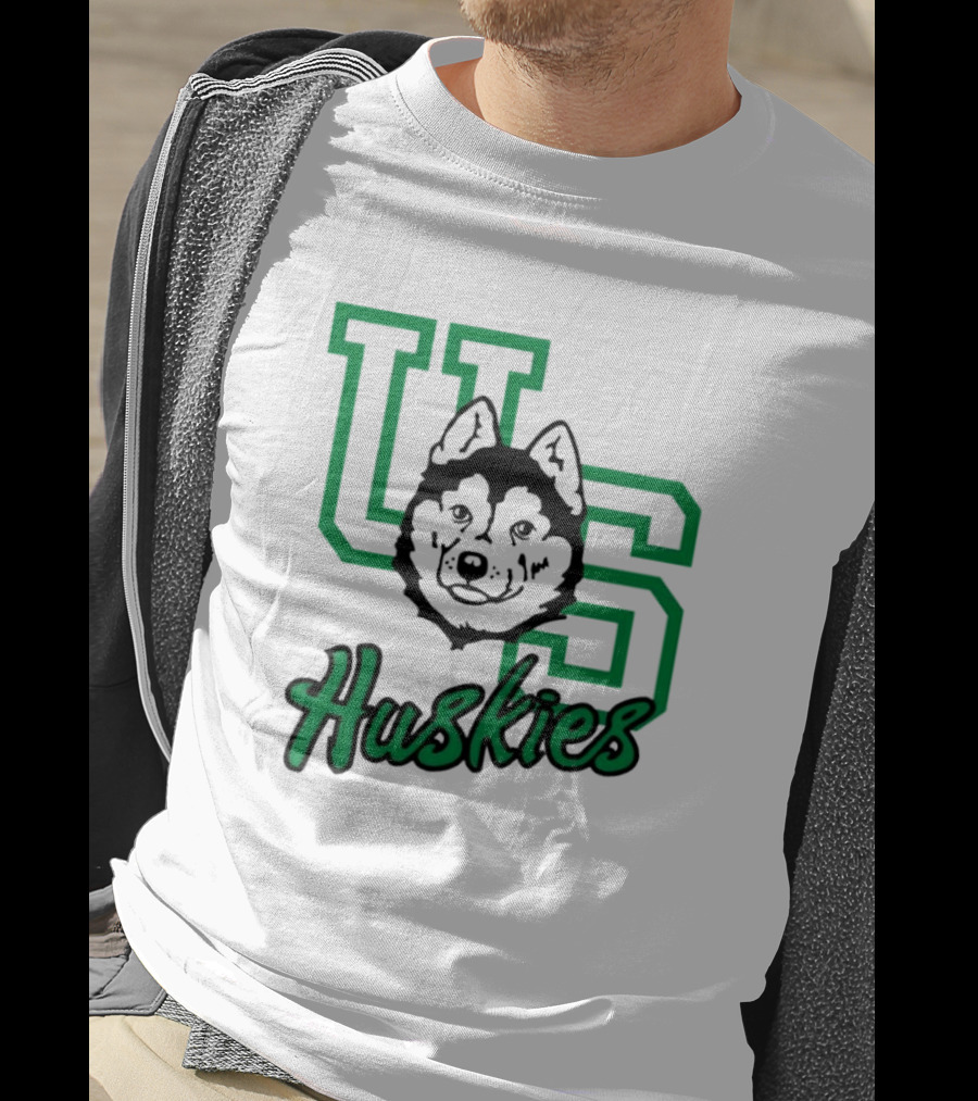 U Of S Huskies Logo With Husky Face Overlapping Bold Green Letters T-Shirt
