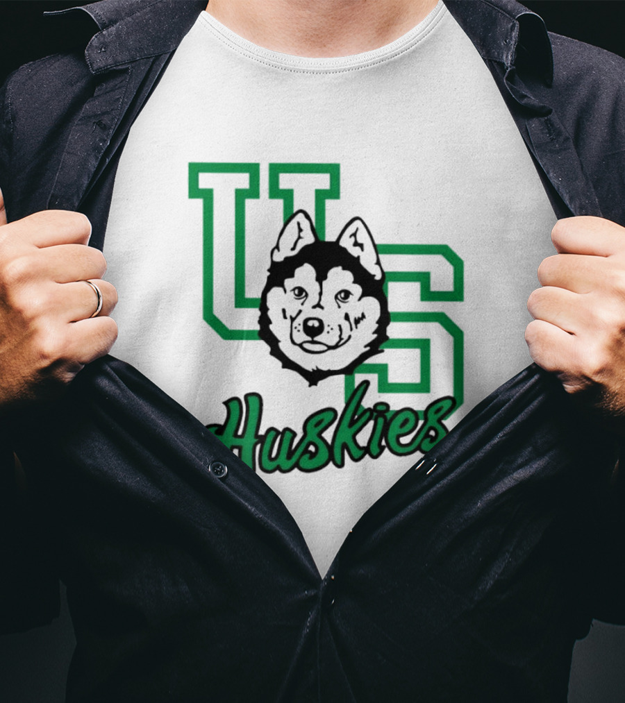 U Of S Huskies Logo With Husky Face Overlapping Bold Green Letters T-Shirt
