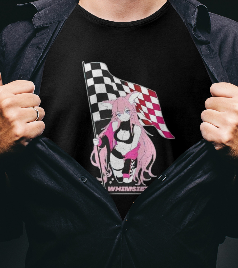 Whimsiez Checkered Flag Pink-Haired Girl Racing T-Shirt