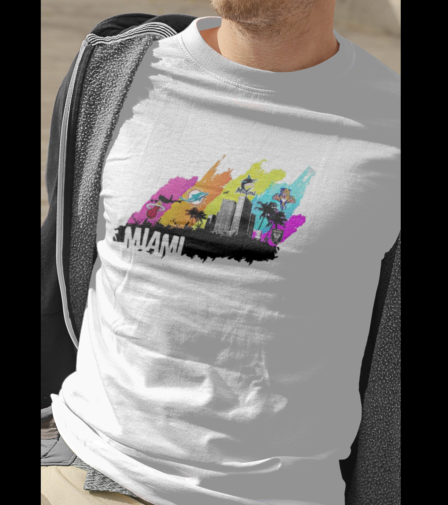 Miami City Skyline With Sports Team Logos And Vibrant Colors T-Shirt