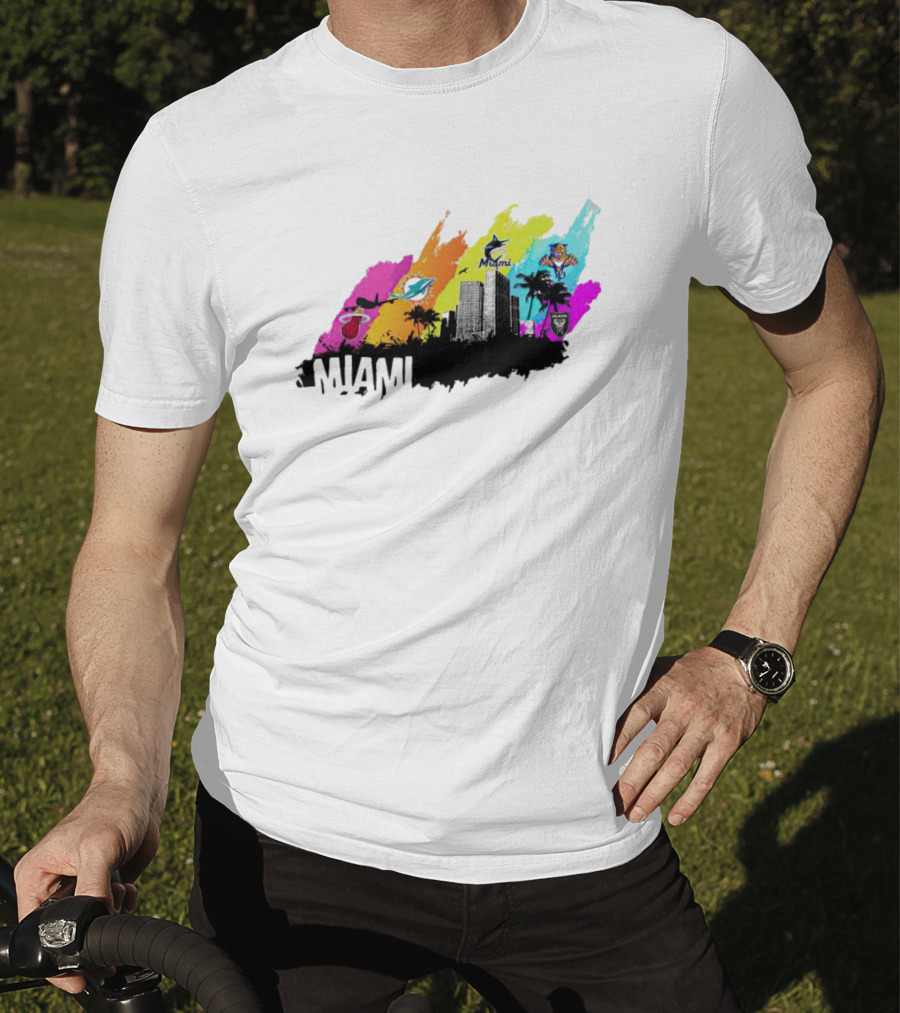 Miami City Skyline With Sports Team Logos And Vibrant Colors T-Shirt