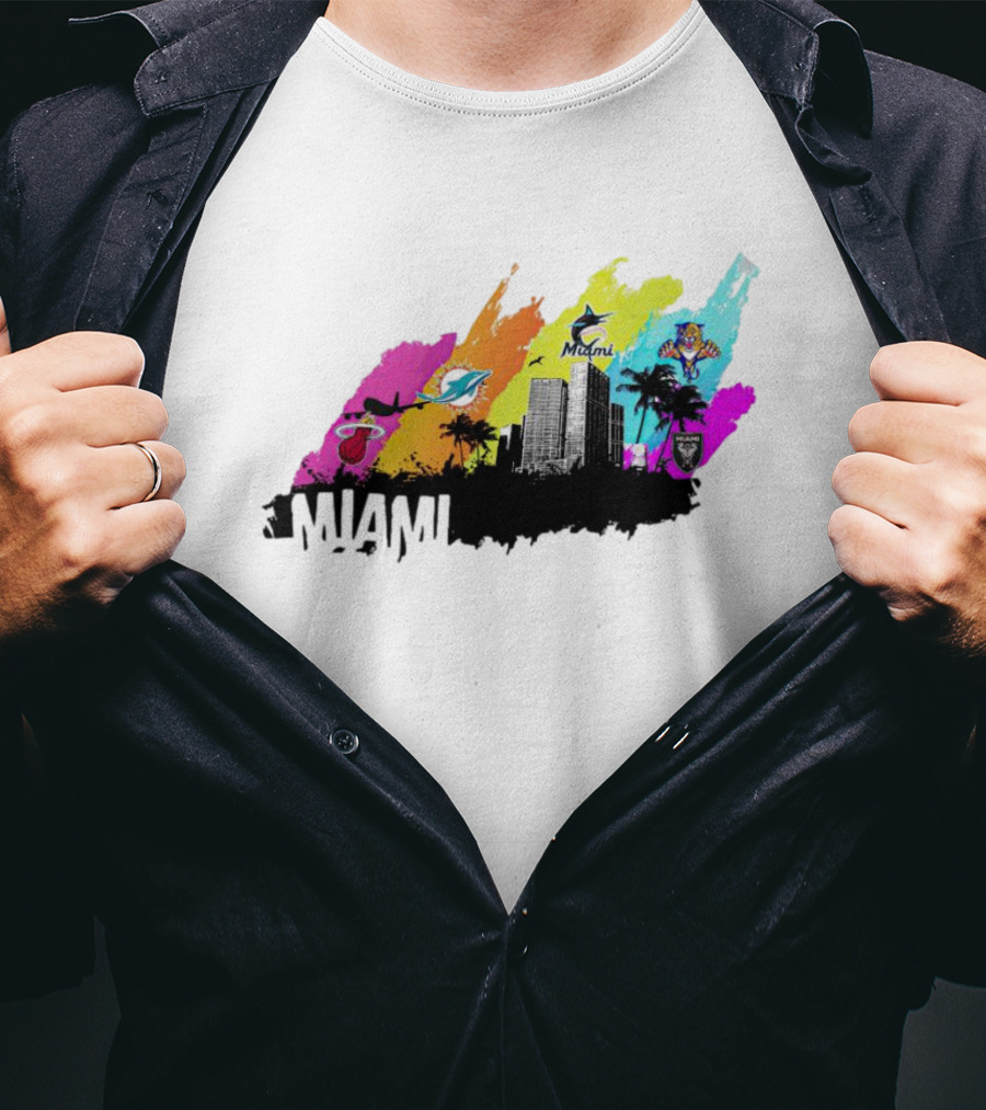 Miami City Skyline With Sports Team Logos And Vibrant Colors T-Shirt
