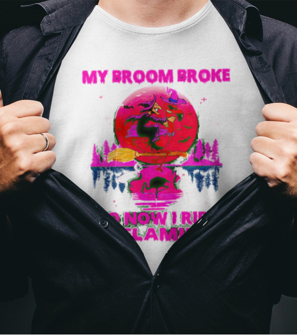 My Broom Broke So Now I Ride My Flamingo Neon Witch And Flamingo Moon Scene T-Shirt