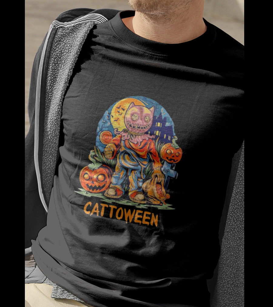 Cattoween Pumpkin Cat Monster Halloween Moon T-Shirt