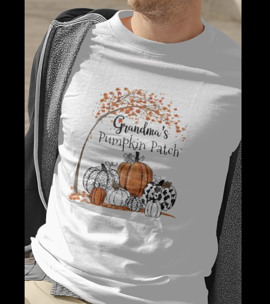 Grandma's Pumpkin Patch Autumn Harvest With Fall Leaves And Pumpkins T-Shirt