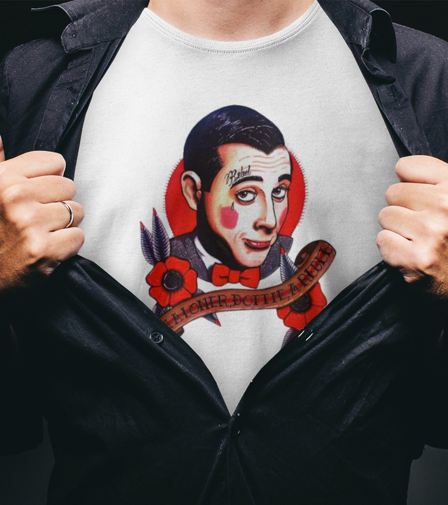 Men’s Funny Pee Wee Herman Rebel Tattoo Style Art With Flowers And Red Bow Tie T-Shirt