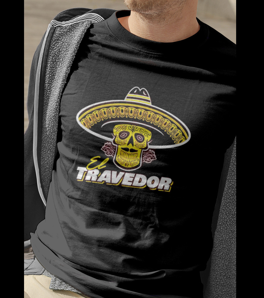 El Travedor Mexican Sugar Skull Sombrero Yellow Pink Roses T-Shirt