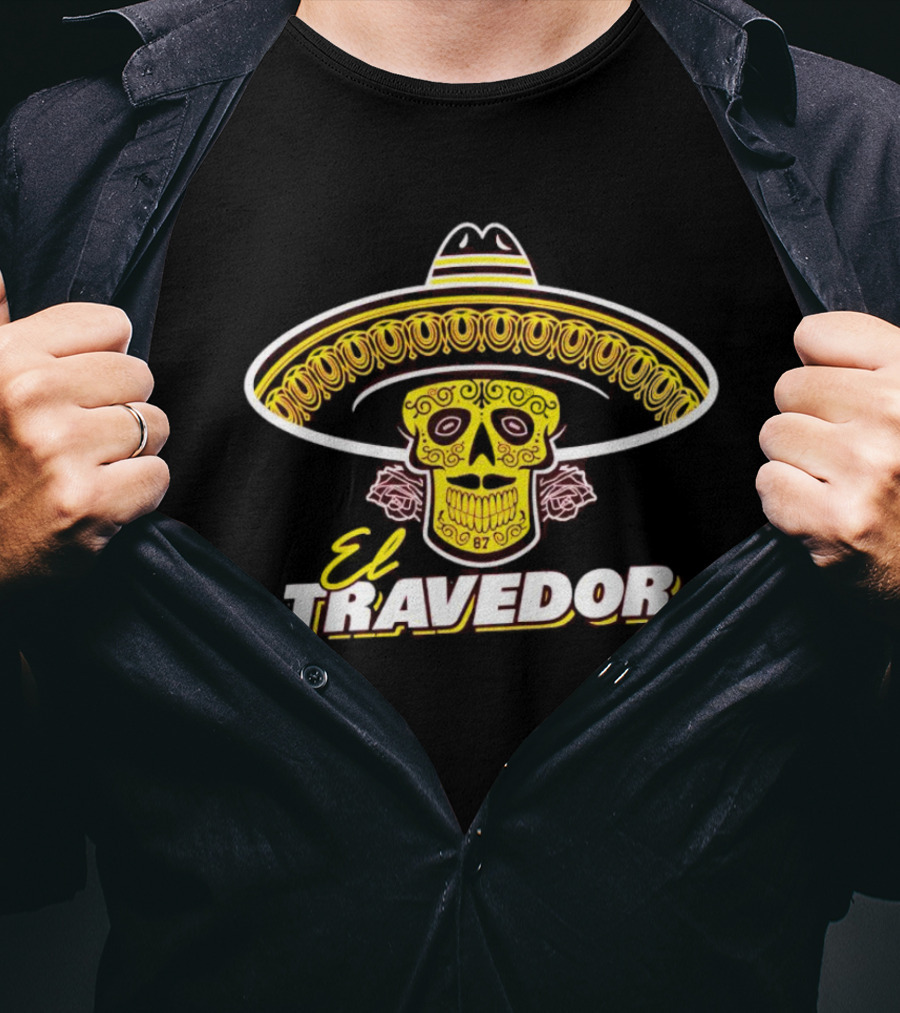 El Travedor Mexican Sugar Skull Sombrero Yellow Pink Roses T-Shirt