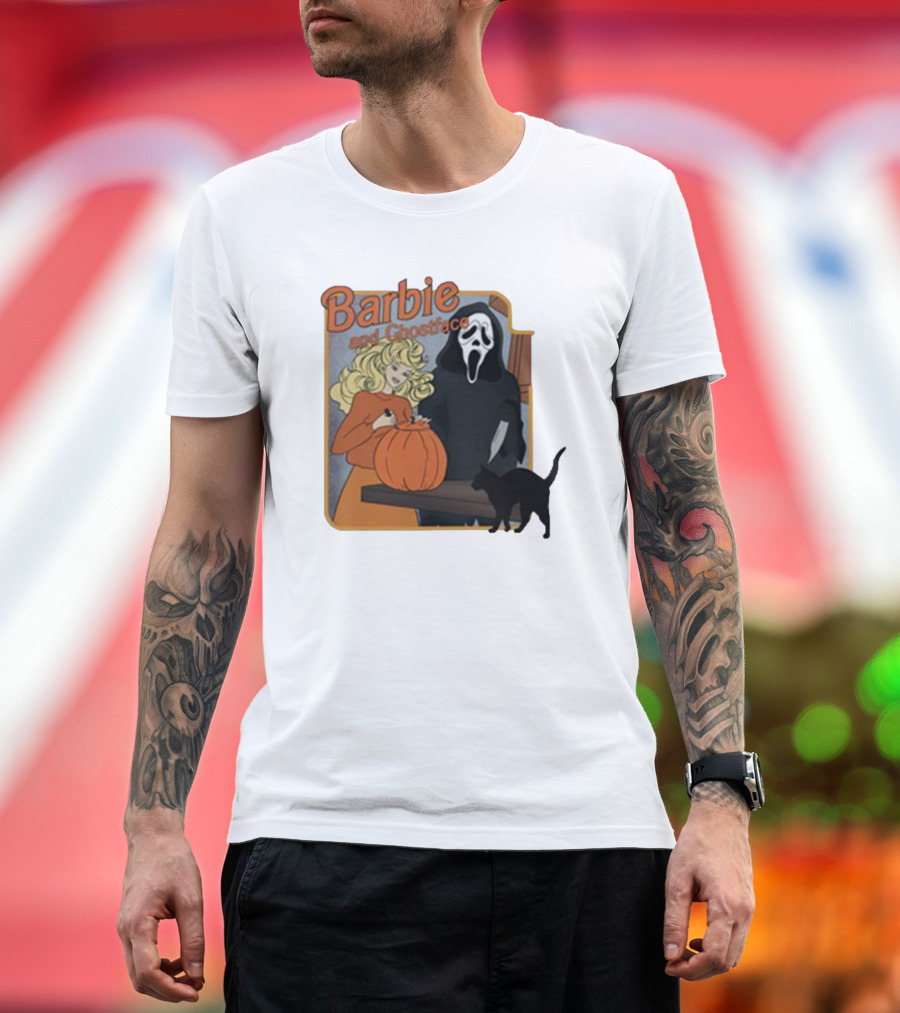 Barbie and Ghostface Halloween Pumpkin Carving Scene with Black Cat T-Shirt